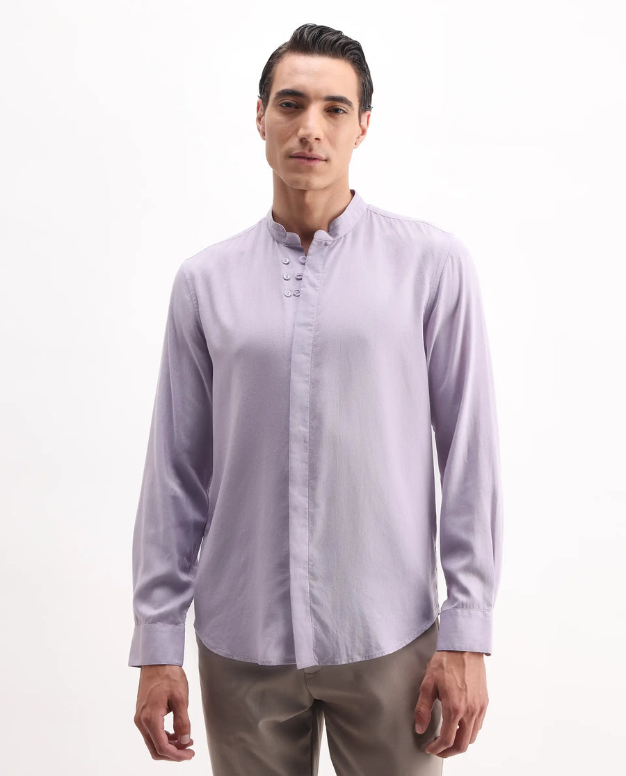 Rare Rabbit Men's Theone-25 Purple Lyocell Plain Regular Fit Full Sleeve Mandarin Collar Shirt