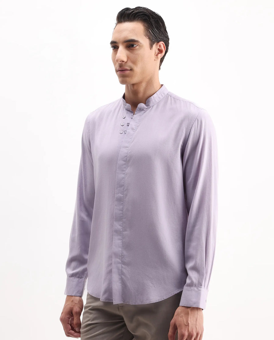 Rare Rabbit Men's Theone-25 Purple Lyocell Plain Regular Fit Full Sleeve Mandarin Collar Shirt
