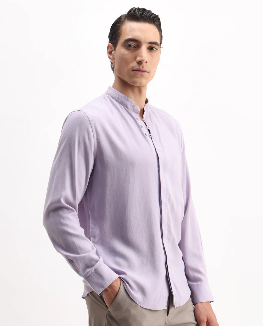 Rare Rabbit Men's Theone-25 Purple Lyocell Plain Regular Fit Full Sleeve Mandarin Collar Shirt