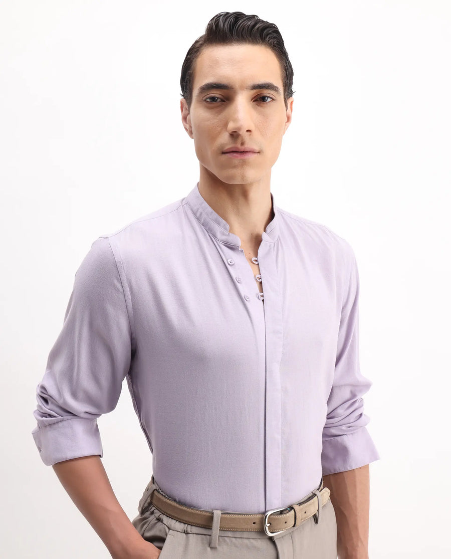 Rare Rabbit Men's Theone-25 Purple Lyocell Plain Regular Fit Full Sleeve Mandarin Collar Shirt