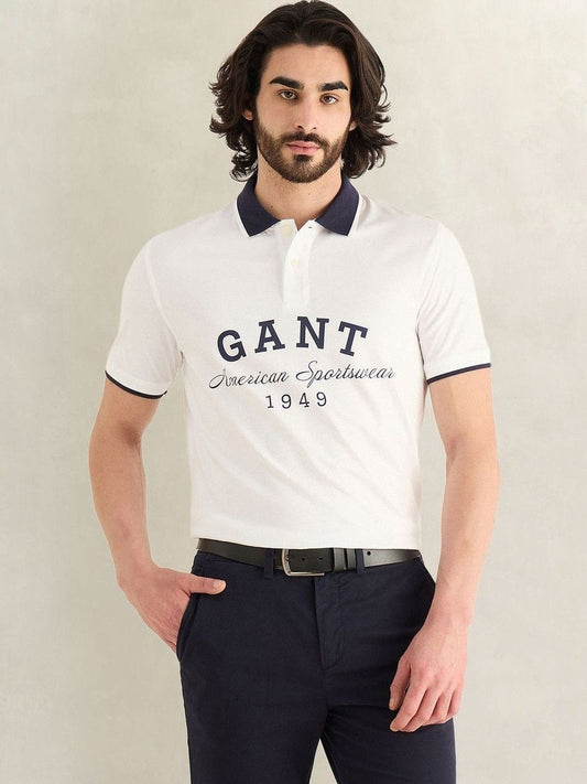 Gant Men White Printed Regular Fit Pure Cotton Polo T-Shirt