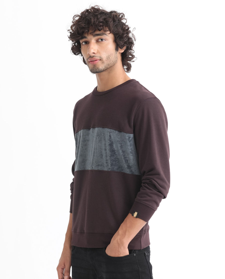Rare Rabbit Men's Tide Maroon Velvet Ombre Regular Fit Full Sleeve Crew Neck Sweatshirt