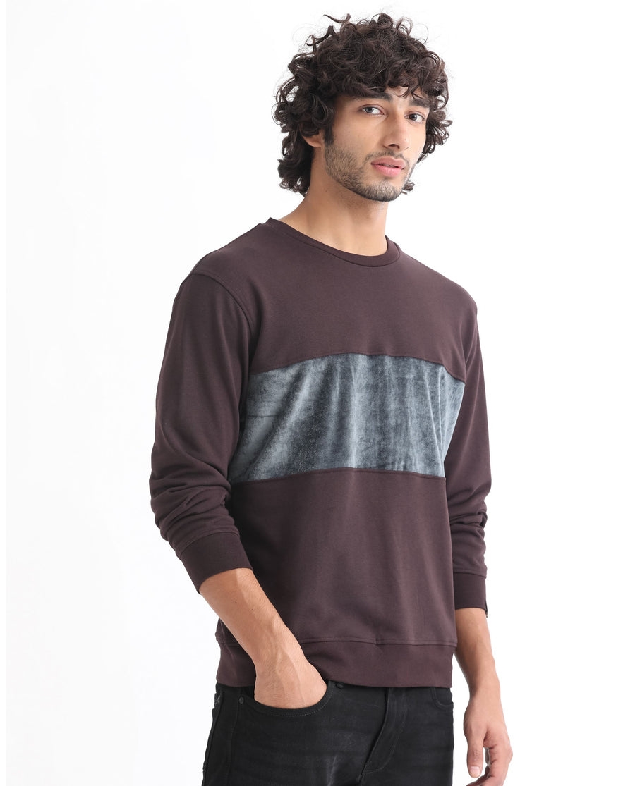 Rare Rabbit Men's Tide Maroon Velvet Ombre Regular Fit Full Sleeve Crew Neck Sweatshirt