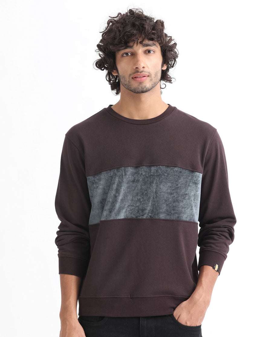 Rare Rabbit Men's Tide Maroon Velvet Ombre Regular Fit Full Sleeve Crew Neck Sweatshirt