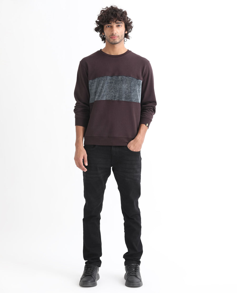 Rare Rabbit Men's Tide Maroon Velvet Ombre Regular Fit Full Sleeve Crew Neck Sweatshirt