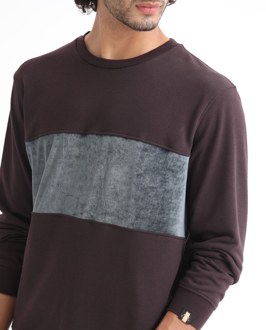 Rare Rabbit Men's Tide Maroon Velvet Ombre Regular Fit Full Sleeve Crew Neck Sweatshirt