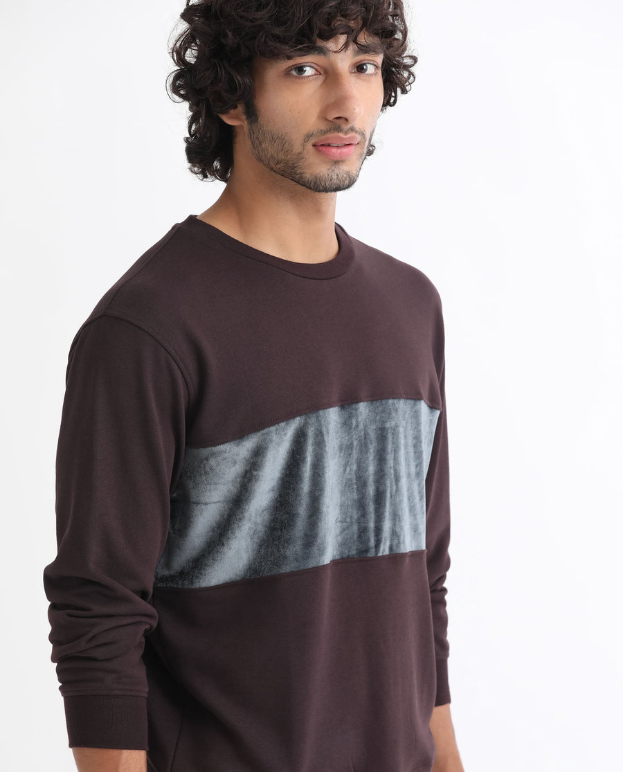 Rare Rabbit Men's Tide Maroon Velvet Ombre Regular Fit Full Sleeve Crew Neck Sweatshirt