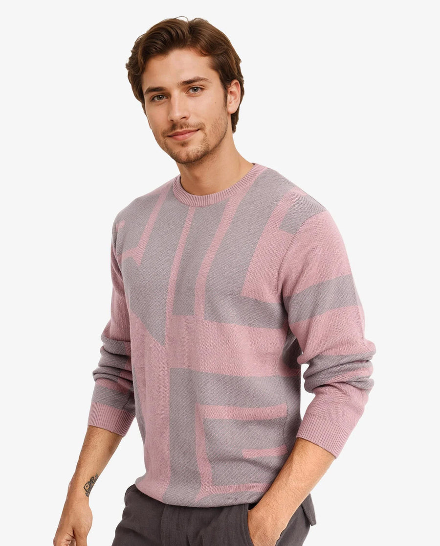 Rare Rabbit Men's Toge Pink Cotton Monogram Print Regular Fit Full Sleeve Crew Neck Sweater