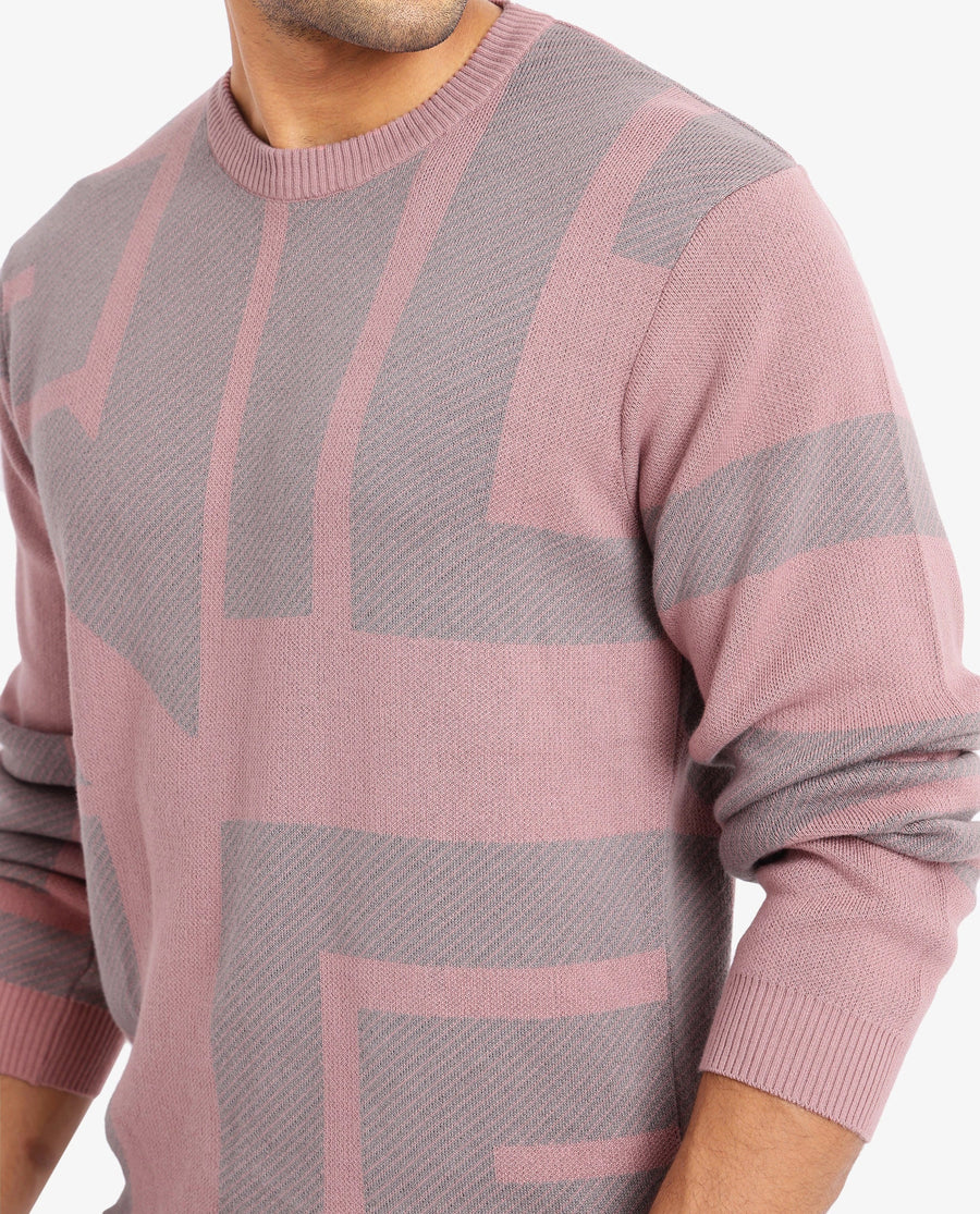 Rare Rabbit Men's Toge Pink Cotton Monogram Print Regular Fit Full Sleeve Crew Neck Sweater