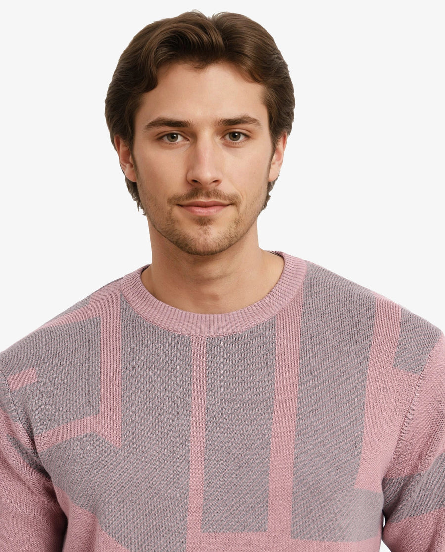 Rare Rabbit Men's Toge Pink Cotton Monogram Print Regular Fit Full Sleeve Crew Neck Sweater