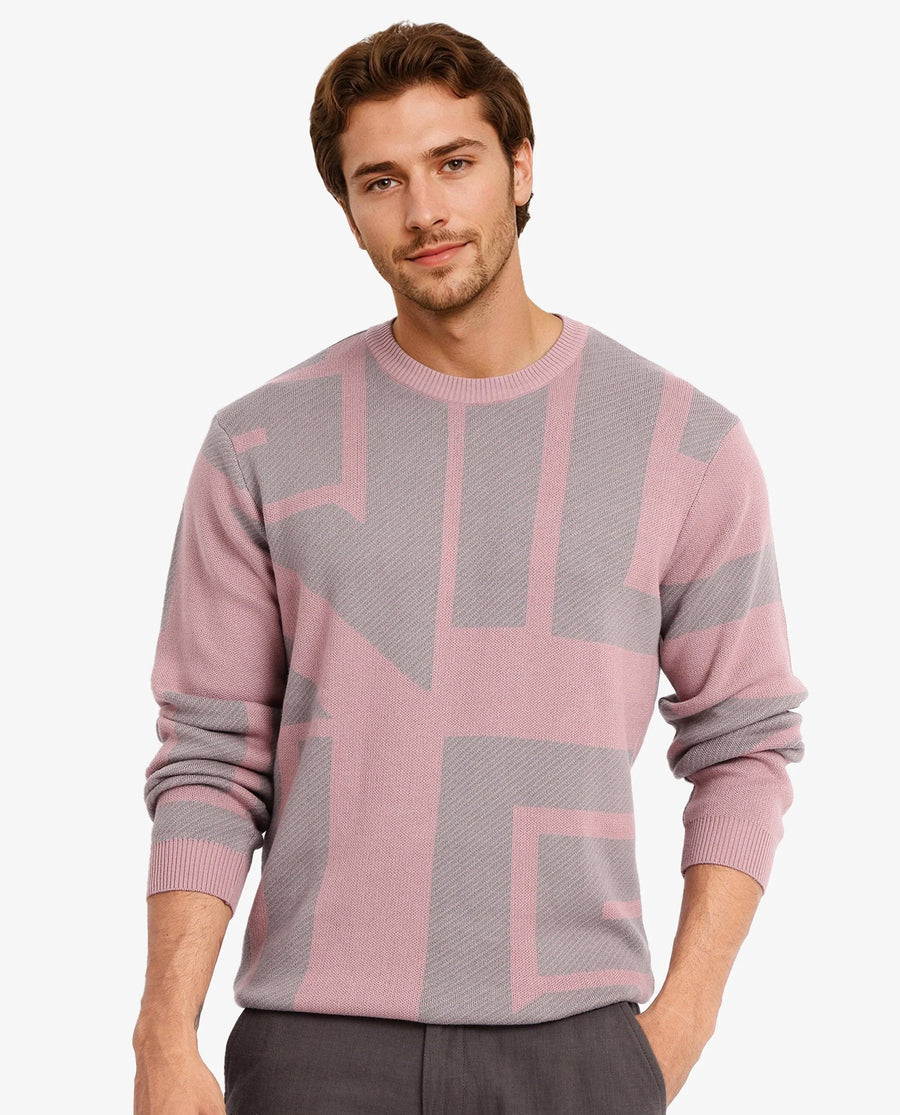 Rare Rabbit Men's Toge Pink Cotton Monogram Print Regular Fit Full Sleeve Crew Neck Sweater