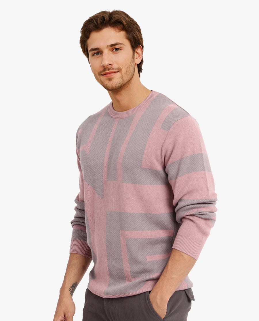 Rare Rabbit Men's Toge Pink Cotton Monogram Print Regular Fit Full Sleeve Crew Neck Sweater