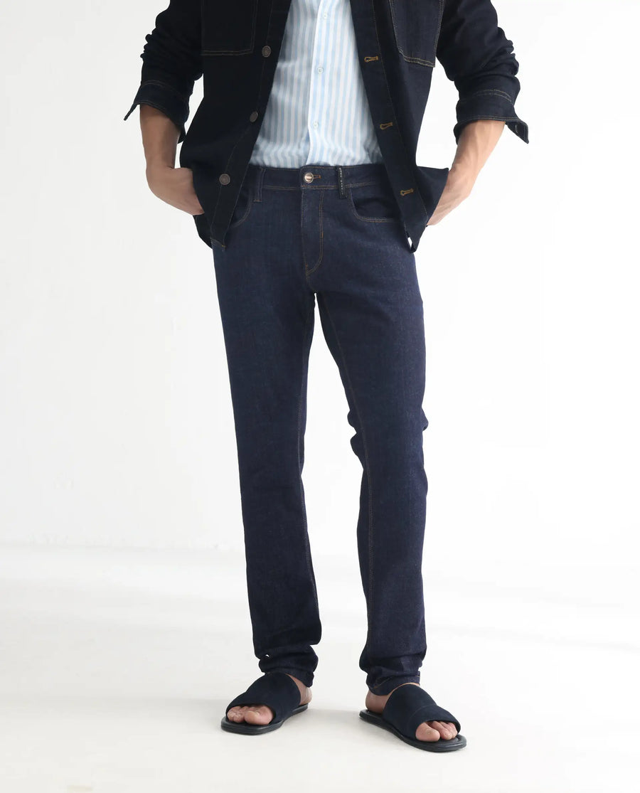 Rare Rabbit Men's Toledo Navy Cotton Plain Hawk Slim Fit Jeans