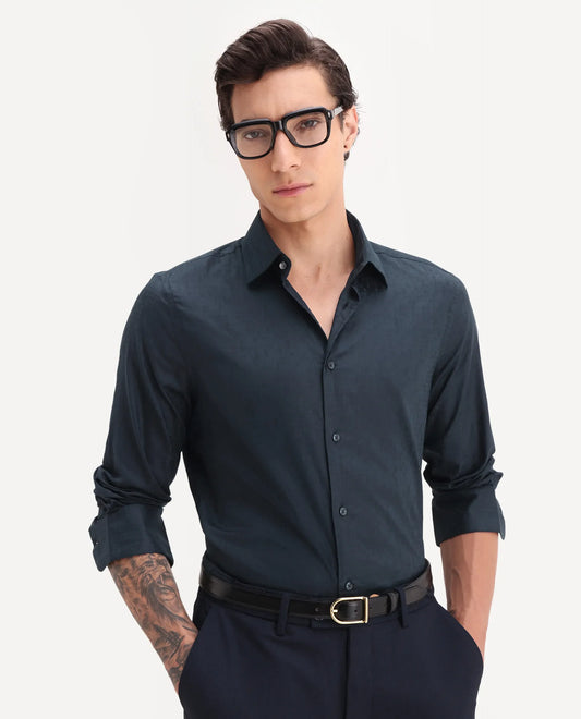 Rare Rabbit Men's Torop Navy Cotton Blend Fabric Full Sleeve Collared Neck Regular Fit Jacquard Shirt