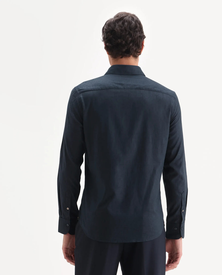 Rare Rabbit Men's Torop Navy Cotton Blend Fabric Full Sleeve Collared Neck Regular Fit Jacquard Shirt