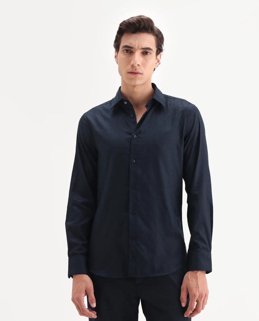 Rare Rabbit Men's Torop Navy Cotton Blend Fabric Full Sleeve Collared Neck Regular Fit Jacquard Shirt