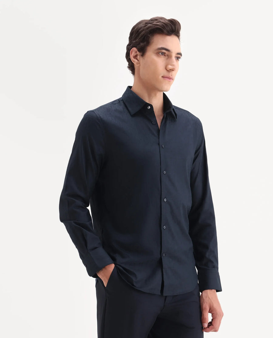 Rare Rabbit Men's Torop Navy Cotton Blend Fabric Full Sleeve Collared Neck Regular Fit Jacquard Shirt