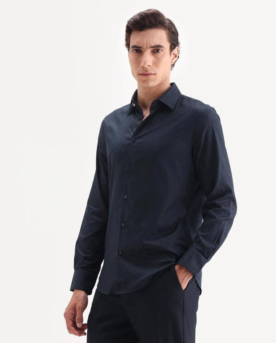 Rare Rabbit Men's Torop Navy Cotton Blend Fabric Full Sleeve Collared Neck Regular Fit Jacquard Shirt