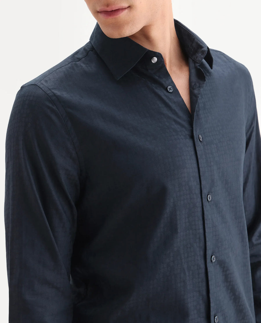 Rare Rabbit Men's Torop Navy Cotton Blend Fabric Full Sleeve Collared Neck Regular Fit Jacquard Shirt
