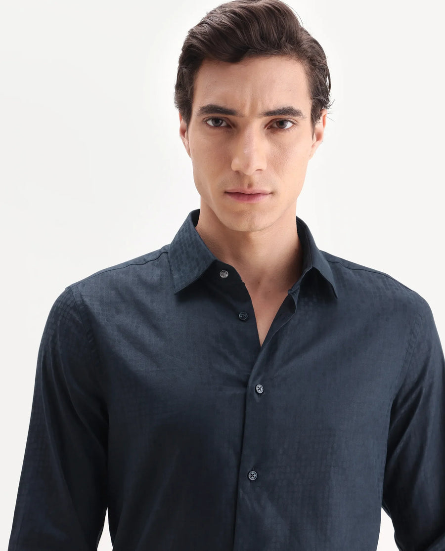 Rare Rabbit Men's Torop Navy Cotton Blend Fabric Full Sleeve Collared Neck Regular Fit Jacquard Shirt