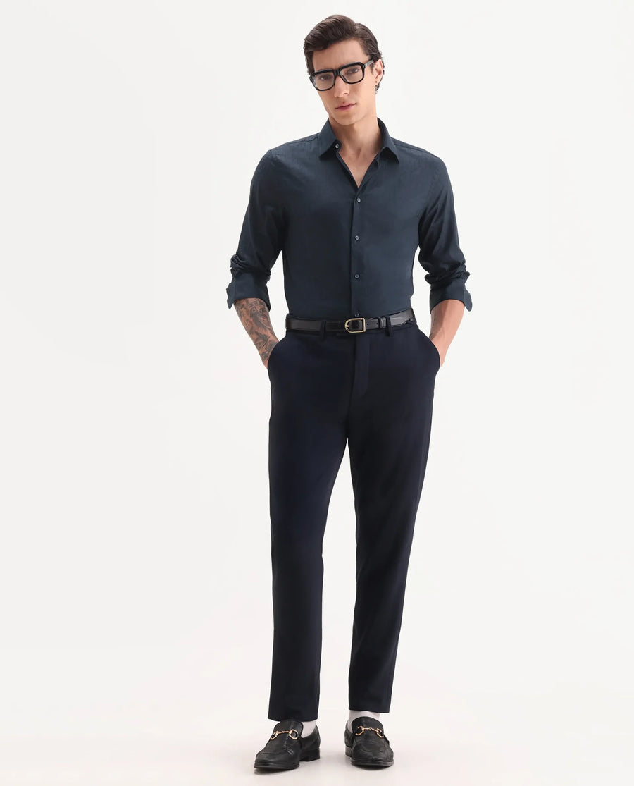 Rare Rabbit Men's Torop Navy Cotton Blend Fabric Full Sleeve Collared Neck Regular Fit Jacquard Shirt