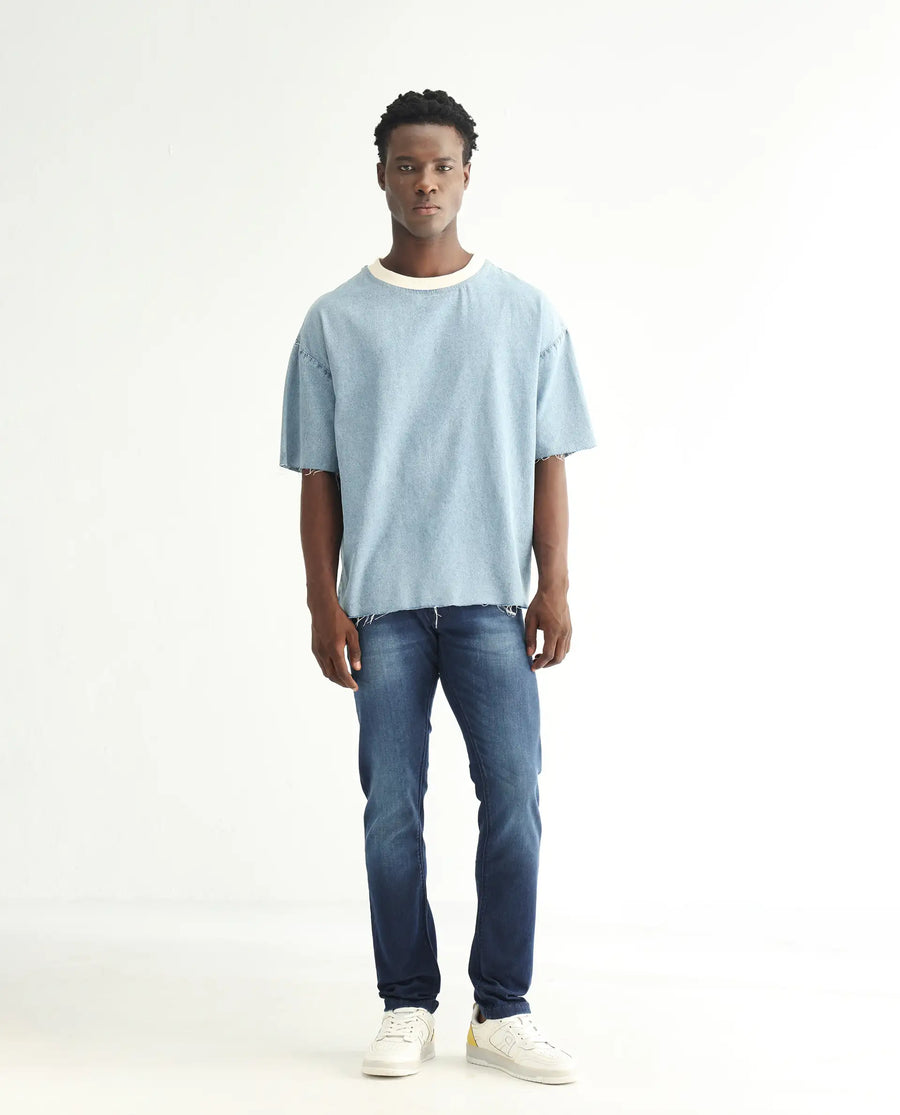 Rare Rabbit Men's Toucil Dark Blue Cotton Plain Hawk Slim Fit Jeans
