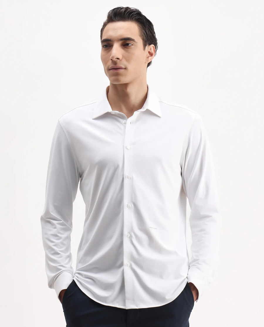 Rare Rabbit Men's Tour-25 White Cotton Blend Plain Regular Fit Full Sleeve Collared Shirt