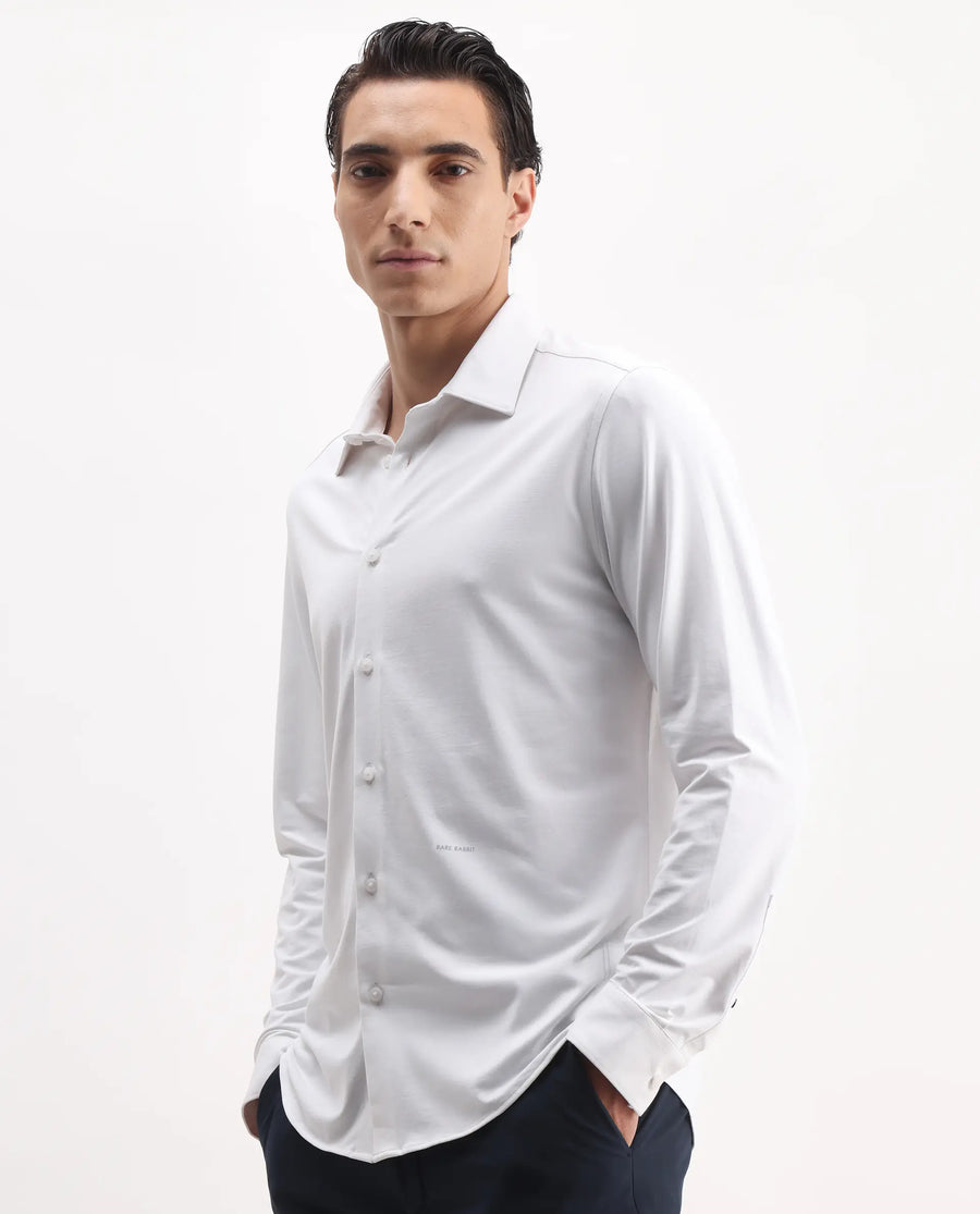 Rare Rabbit Men's Tour-25 White Cotton Blend Plain Regular Fit Full Sleeve Collared Shirt
