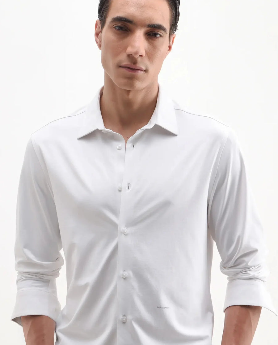 Rare Rabbit Men's Tour-25 White Cotton Blend Plain Regular Fit Full Sleeve Collared Shirt