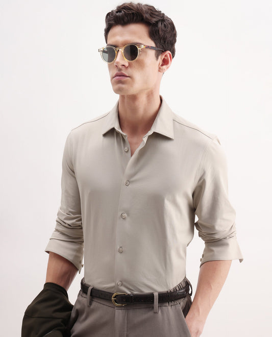 Rare Rabbit Men's Tour Light Beige Cotton Blend Plain Regular Fit Full Sleeve Collared Shirt