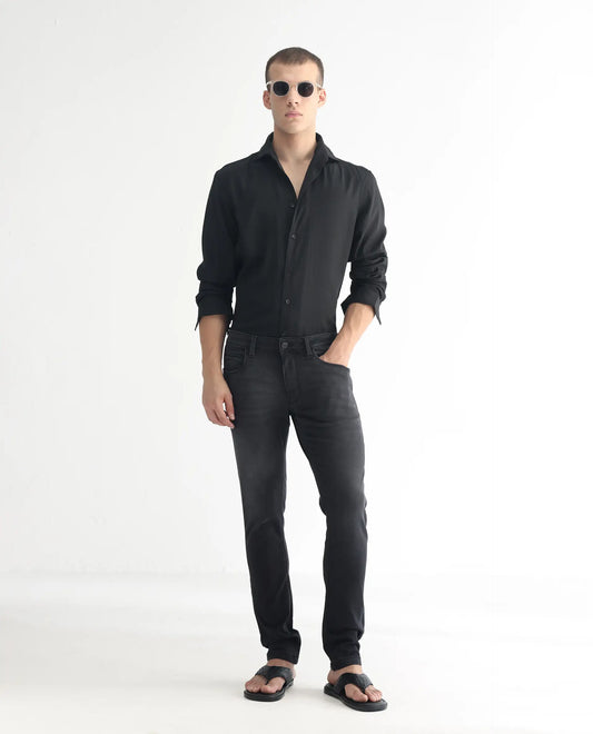 Rare Rabbit Men's Tours Black Cotton Plain Hawk Slim Fit Jeans