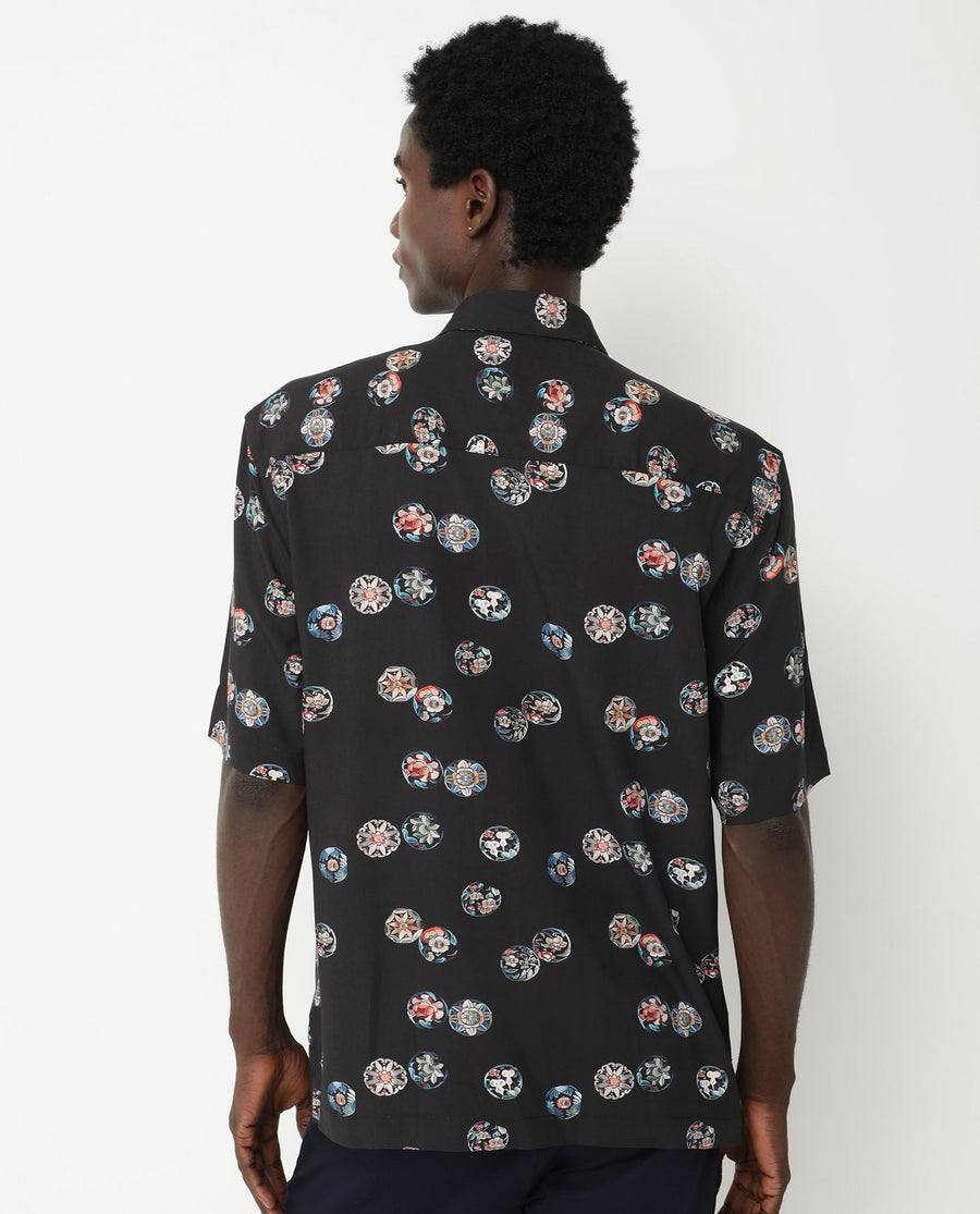 Rare Rabbit Men's Towen Ss Black Viscose Floral Print Boxy Fit Half Sleeve Collared Shirt