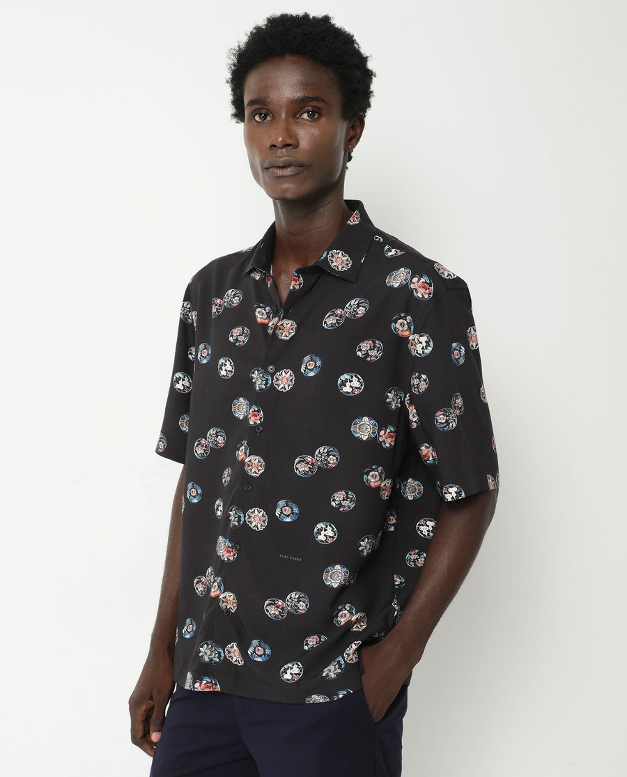 Rare Rabbit Men's Towen Ss Black Viscose Floral Print Boxy Fit Half Sleeve Collared Shirt