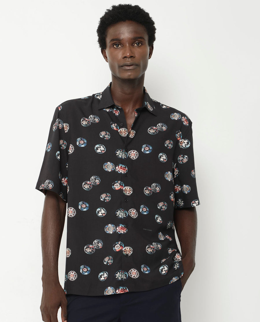 Rare Rabbit Men's Towen Ss Black Viscose Floral Print Boxy Fit Half Sleeve Collared Shirt