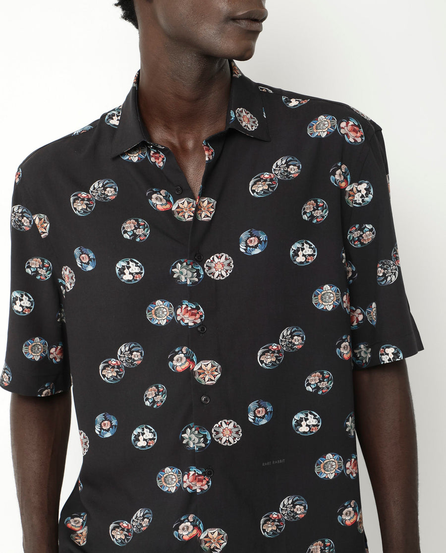 Rare Rabbit Men's Towen Ss Black Viscose Floral Print Boxy Fit Half Sleeve Collared Shirt