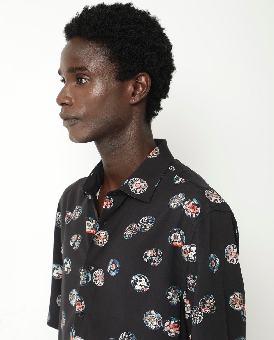 Rare Rabbit Men's Towen Ss Black Viscose Floral Print Boxy Fit Half Sleeve Collared Shirt