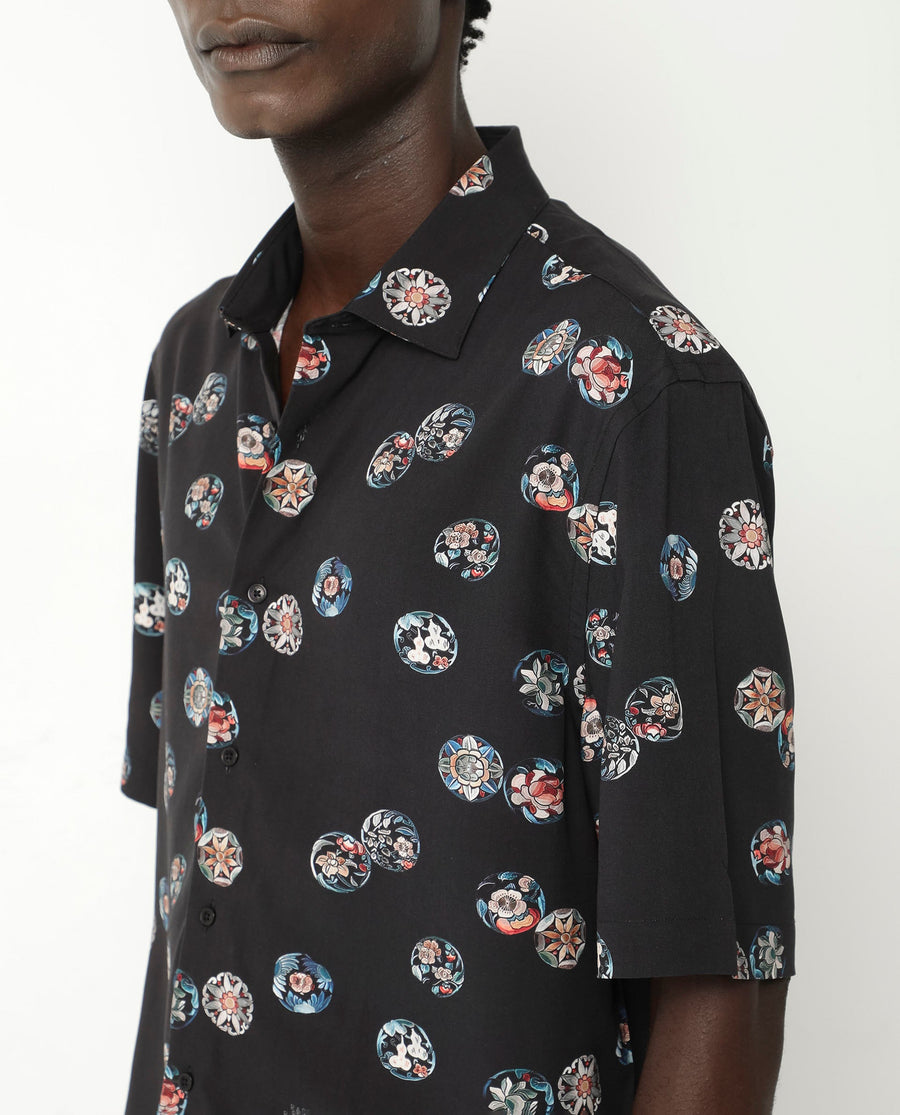 Rare Rabbit Men's Towen Ss Black Viscose Floral Print Boxy Fit Half Sleeve Collared Shirt