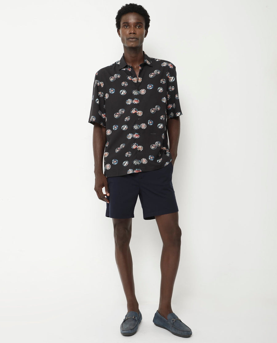 Rare Rabbit Men's Towen Ss Black Viscose Floral Print Boxy Fit Half Sleeve Collared Shirt