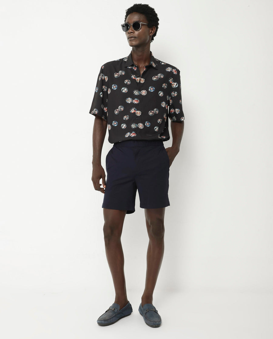 Rare Rabbit Men's Towen Ss Black Viscose Floral Print Boxy Fit Half Sleeve Collared Shirt