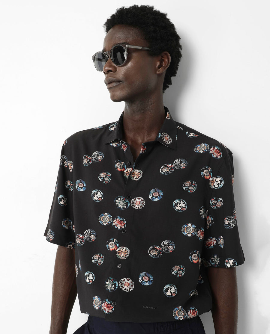 Rare Rabbit Men's Towen Ss Black Viscose Floral Print Boxy Fit Half Sleeve Collared Shirt
