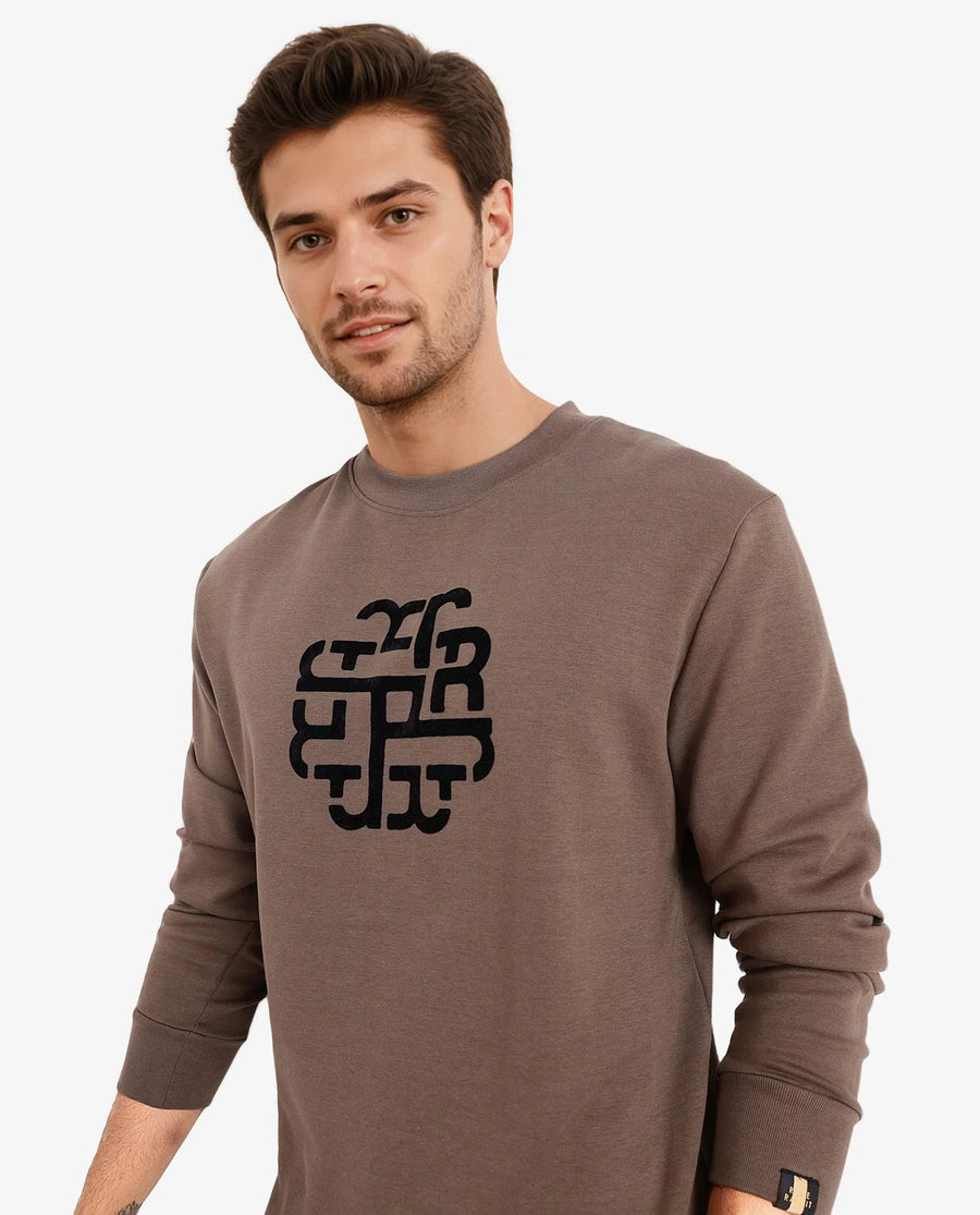 Rare Rabbit Men's Toxon Dusky Olive Cotton Blend Graphic Print Regular Fit Full Sleeve Crew Neck Sweatshirt