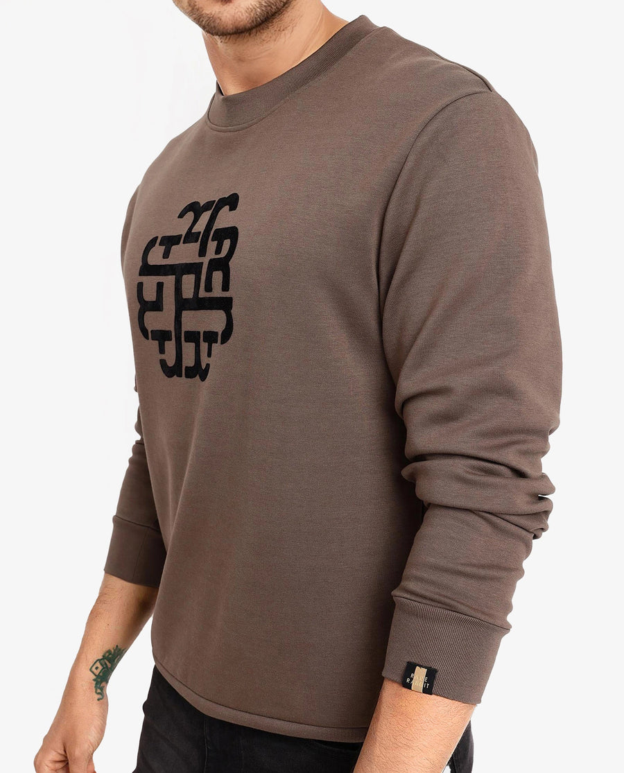 Rare Rabbit Men's Toxon Dusky Olive Cotton Blend Graphic Print Regular Fit Full Sleeve Crew Neck Sweatshirt