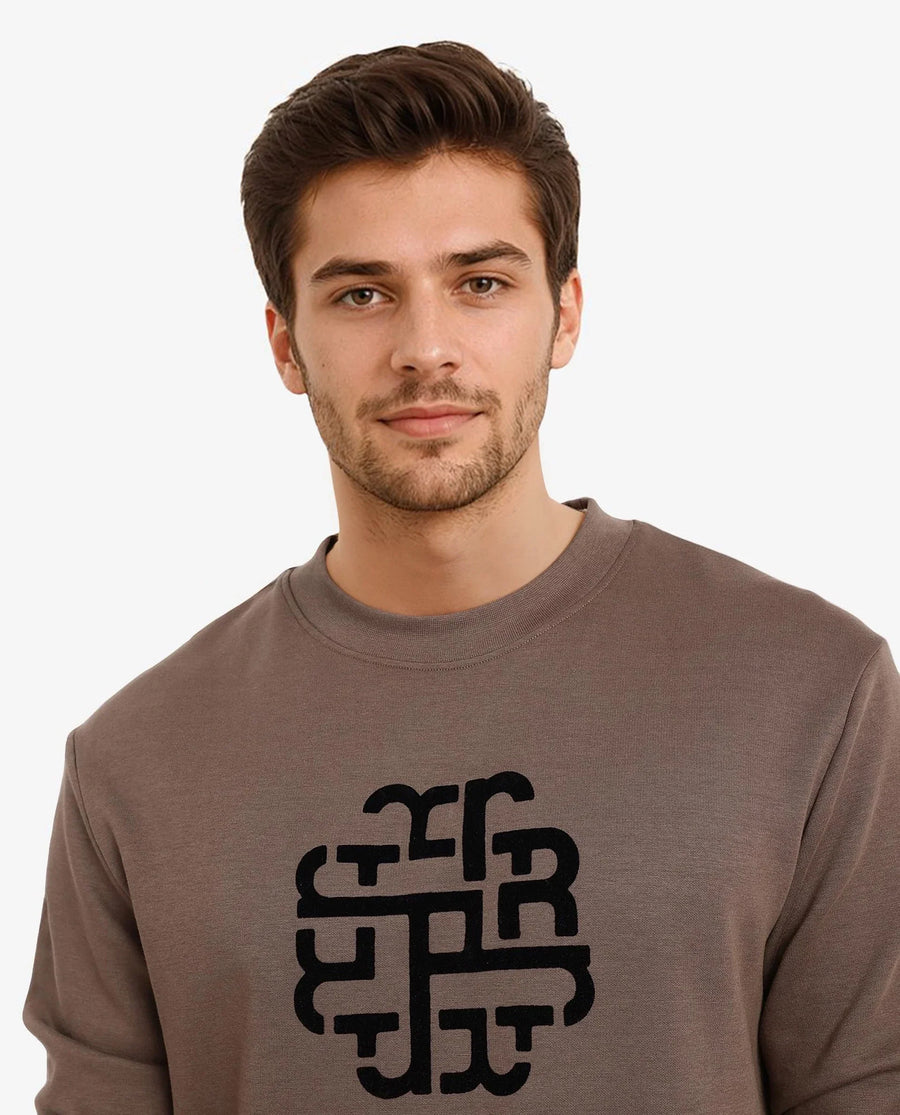 Rare Rabbit Men's Toxon Dusky Olive Cotton Blend Graphic Print Regular Fit Full Sleeve Crew Neck Sweatshirt