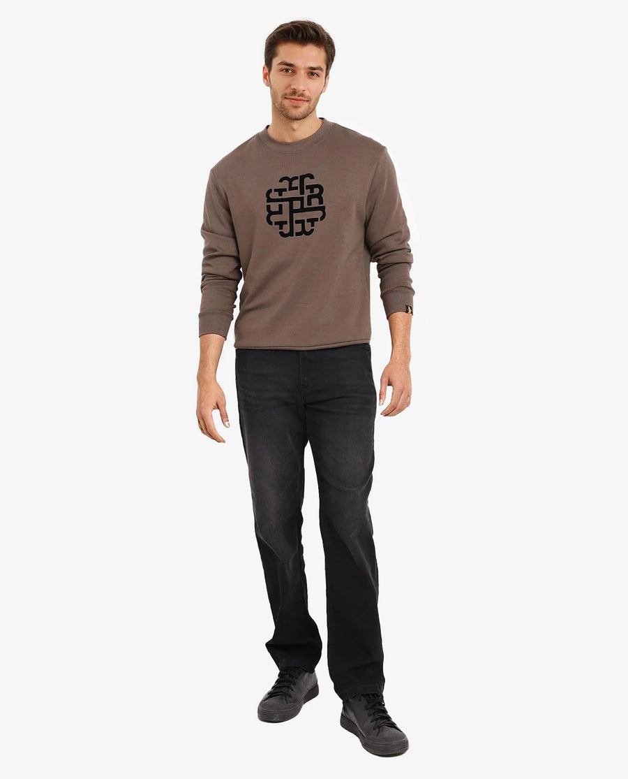 Rare Rabbit Men's Toxon Dusky Olive Cotton Blend Graphic Print Regular Fit Full Sleeve Crew Neck Sweatshirt