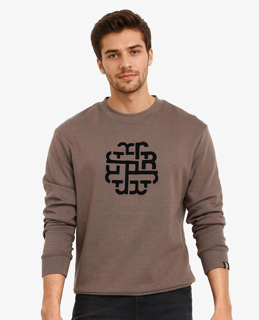 Rare Rabbit Men's Toxon Dusky Olive Cotton Blend Graphic Print Regular Fit Full Sleeve Crew Neck Sweatshirt