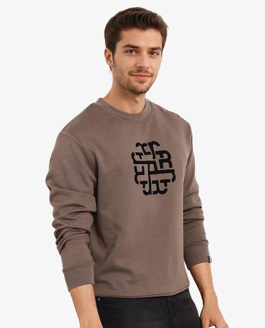 Rare Rabbit Men's Toxon Dusky Olive Cotton Blend Graphic Print Regular Fit Full Sleeve Crew Neck Sweatshirt