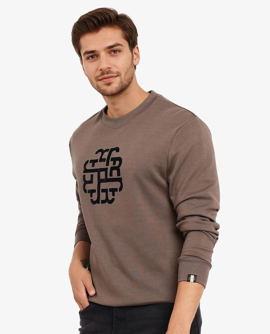 Rare Rabbit Men's Toxon Dusky Olive Cotton Blend Graphic Print Regular Fit Full Sleeve Crew Neck Sweatshirt