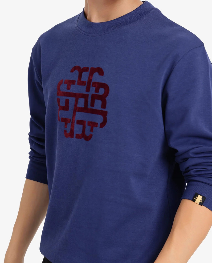 Rare Rabbit Men's Toxon Navy Cotton Blend Graphic Print Regular Fit Full Sleeve Crew Neck Sweatshirt