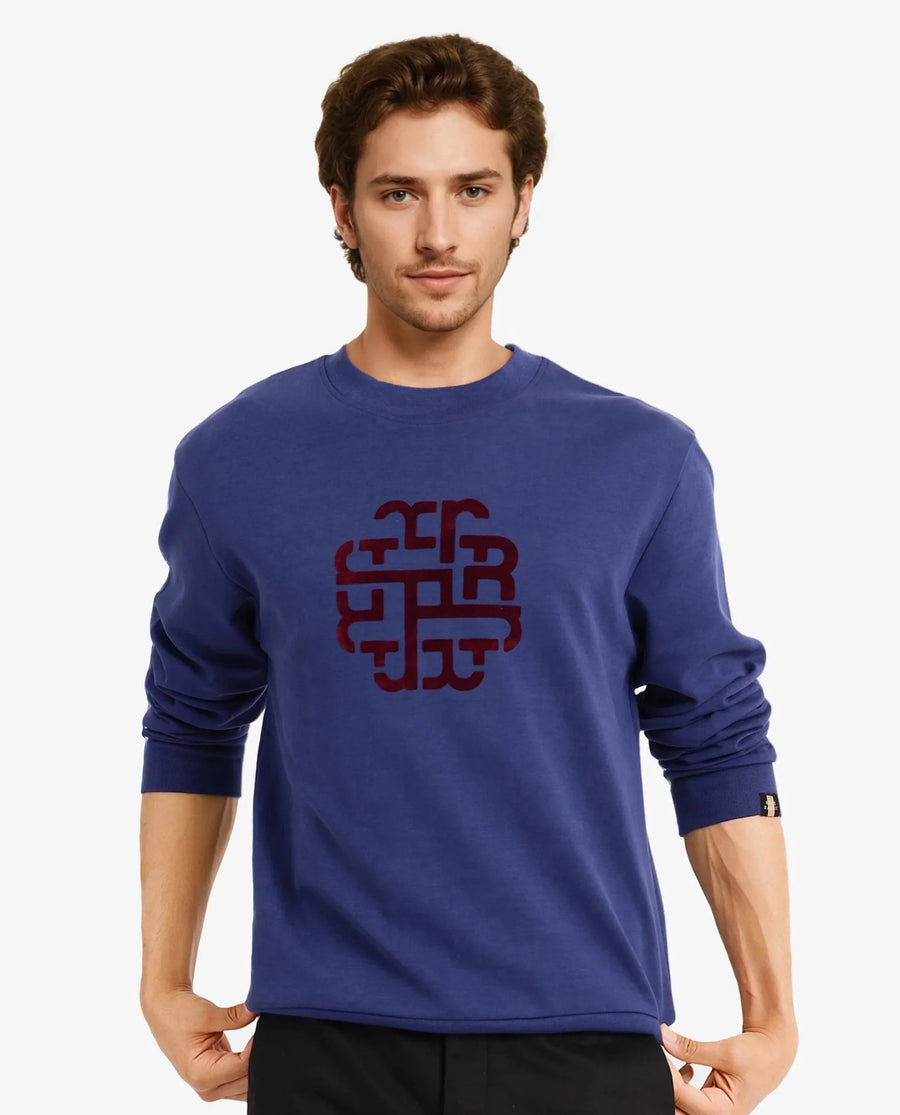Rare Rabbit Men's Toxon Navy Cotton Blend Graphic Print Regular Fit Full Sleeve Crew Neck Sweatshirt