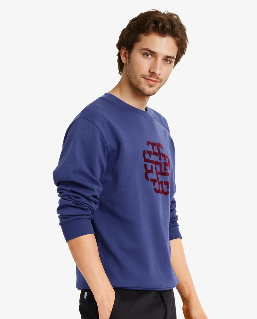 Rare Rabbit Men's Toxon Navy Cotton Blend Graphic Print Regular Fit Full Sleeve Crew Neck Sweatshirt